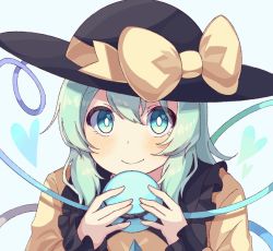 Rule 34 | 1girl, black hat, blush, bow, bright pupils, closed mouth, collared shirt, commentary request, eyeball, frilled sleeves, frills, green eyes, happy, hat, hat bow, heart, heart of string, highres, holding, komeiji koishi, kudamono25253, long sleeves, looking at viewer, shirt, short hair, smile, sun hat, third eye, touhou, yellow bow, yellow shirt