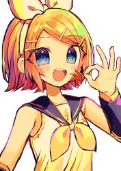 Rule 34 | 1girl, :d, absurdres, blonde hair, blue eyes, blush, bow, detached sleeves, hair bow, hair ornament, hairband, hairclip, highres, holding, holding leaf, kagamine rin, kasaki sakura, leaf, long sleeves, looking at viewer, maple leaf, neckerchief, open mouth, parted bangs, pinching, sailor collar, shirt, short hair, sleeveless, sleeveless shirt, smile, solo, treble clef, vocaloid