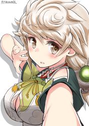 Rule 34 | 10s, 1girl, asymmetrical hair, bare shoulders, blush, braid, breasts, cleavage cutout, close-up, clothing cutout, cloud print, female focus, from side, hair between eyes, hair ornament, jitome, kantai collection, large breasts, looking at viewer, nayuhi (yukimuu14), open mouth, silver hair, single braid, solo, unryuu (kancolle), yellow eyes