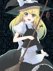 Rule 34 | 1girl, bad id, bad pixiv id, blonde hair, bow, braid, broom, female focus, hair bow, hat, kirisame marisa, long hair, looking at viewer, mini-hakkero, muranisaki, open mouth, smile, solo, touhou, turtleneck, witch, witch hat, yellow eyes