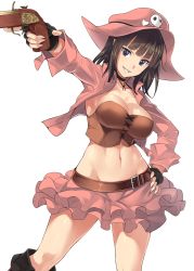 Rule 34 | &gt;:), 1girl, absurdres, bad id, bad twitter id, bandeau, belt, black eyes, black gloves, black hair, blunt bangs, breasts, choker, cleavage, cowboy shot, fingerless gloves, gloves, grin, groin, gun, hand on own hip, hat, highres, holding, holding gun, holding weapon, large breasts, layered skirt, looking at viewer, miniskirt, navel, open clothes, open shirt, orochi itto, pink shirt, pink skirt, sennen sensou aigis, shirt, skirt, skull and crossbones, smile, solo, stomach, trigger discipline, v-shaped eyebrows, verotte (sennen sensou aigis), weapon