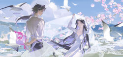 Rule 34 | 1boy, 1girl, artist name, bird, black pants, blue sky, bouquet, bow, bowtie, breasts, brown eyes, brown hair, cherry blossoms, cleavage, closed mouth, cloud, collarbone, collared shirt, commentary, commission, commissioner name, day, deviantart username, dress, earrings, english commentary, falling petals, field, flower, frilled sleeves, frills, full moon, grin, hair bow, hetero, high collar, holding, holding behind back, holding bouquet, holding veil, jewelry, kuwagatata, long hair, long sleeves, looking at another, low ponytail, moon, mountainous horizon, original, outdoors, pants, petals, pink flower, puffy long sleeves, puffy sleeves, purple eyes, purple hair, seagull, see-through, see-through veil, shirt, sky, sleeves past wrists, smile, sphere earrings, teeth, too many, too many birds, twitter username, veil, very long hair, watermark, white bow, white bowtie, white dress, white shirt, white sleeves, white veil