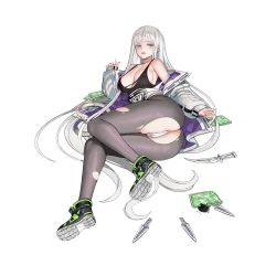 Rule 34 | 1girl, albino, ass, battle damage, breasts, cheona (last origin), coat, colored eyelashes, earrings, full body, green nails, grey pantyhose, high tops, highres, jewelry, knife, last origin, long hair, looking at viewer, medium breasts, multicolored nails, nail polish, official art, on ground, panties, pantyhose, purple nails, shoes, silver hair, simple background, sleeves past wrists, snake, sneakers, tachi-e, taesi, tears, throwing knife, torn clothes, torn legwear, transparent background, underwear, very long hair, weapon, white snake