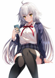 Rule 34 | 1girl, bad id, bad pixiv id, black thighhighs, blue jacket, blush, breasts, cellphone, collared shirt, commentary request, dress shirt, duplicate, fate/grand order, fate (series), grey skirt, harimoji, holding, holding phone, jacket, jeanne d&#039;arc (fate), jeanne d&#039;arc alter (avenger) (fate), jeanne d&#039;arc alter (fate), large breasts, long hair, long sleeves, looking at viewer, open clothes, open jacket, phone, shirt, silver hair, simple background, sitting, skirt, smartphone, thighhighs, white background, white shirt, yellow eyes
