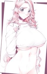 Rule 34 | 1girl, arm behind back, blue eyes, blush, bottomless, braid, breasts, embarrassed, covered erect nipples, female focus, groin, highres, hip focus, hong meiling, large breasts, long hair, long sleeves, looking at viewer, naked sweater, navel, neko majin, out-of-frame censoring, red hair, shirt, solo, stomach, sweater, toned, touhou, twin braids, underboob, white shirt, white sweater