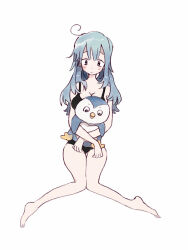 Rule 34 | 1girl, ahoge, bare arms, bare legs, bikini, black bikini, blue hair, breasts, cleavage, clenched hands, closed mouth, frown, full body, h kawa, hair over shoulder, holding, holding stuffed toy, hugging object, large breasts, light blush, long hair, original, sitting, solo, straight-on, stuffed animal, stuffed penguin, stuffed toy, swimsuit, white background, white eyes