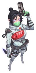 Rule 34 | 1girl, absurdres, animification, apex legends, b3 wingman, black hair, bodysuit, breasts, cable, from above, gun, hair behind ear, hair bun, hamzes, handgun, highres, holding, holding gun, holding knife, holding weapon, knife, kunai, looking to the side, mask, medium breasts, mouth mask, official alternate costume, purple eyes, quarantine 722 wraith, revolver, solo, weapon, white background, white bodysuit, hope&#039;s dusk (apex legends), wraith (apex legends)