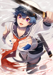 Rule 34 | 1girl, black footwear, blue hair, blush, boots, breasts, cleavage, collarbone, fang, hat, index finger raised, katana, large breasts, looking at viewer, neckerchief, ogino (oginogino), open mouth, original, purple eyes, red neckerchief, short hair, smile, solo, sword, thigh boots, thighhighs, torn clothes, uniform, weapon, white hat
