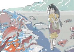 Rule 34 | 1girl, apron, basket, beach, beached, black eyes, black hair, crab, day, feeding, feeding animal, fish, full body, holding, holding basket, japanese clothes, kimono, long hair, looking at animal, looking to the side, low-tied long hair, ocean, octopus, open mouth, original, outdoors, red apron, red snapper, shrimp, sidelocks, sleeves rolled up, smile, solo, squid, tasuki, waist apron, walking, waves, yellow kimono, yk (tnkau)