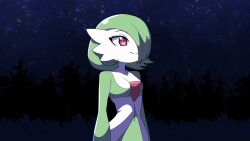 Rule 34 | 1girl, :&gt;, arms at sides, blue sky, bob cut, breasts, closed mouth, collarbone, colored skin, creatures (company), female focus, game freak, gardevoir, gen 3 pokemon, grapeanime, green hair, green skin, hair over one eye, happy, highres, multicolored skin, navel, night, nintendo, one eye covered, outdoors, pokemon, pokemon (creature), red eyes, short hair, sky, small breasts, smile, solo, standing, star (sky), starry sky, stomach, two-tone skin, upper body, white skin