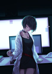Rule 34 | 1girl, arm support, belt, black collar, black dress, black hair, bob cut, breasts, buttons, coat, collar, computer, dress, hand up, head tilt, holding, indoors, jewelry, lab coat, lipstick, long sleeves, looking at viewer, makeup, medium breasts, monitor, nail polish, nurse, one eye closed, online neet, open clothes, open coat, pendant, persona, persona 5, phone, pink lips, red belt, red eyes, red nails, short dress, short hair, solo, studded belt, studded collar, takemi tae, white coat