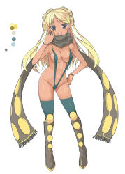 Rule 34 | 1girl, :d, blonde hair, blue eyes, blue thighhighs, blush, boots, color guide, earrings, full body, grey scarf, hand on own hip, hand up, jewelry, knee boots, long hair, monster hunter (series), ohta yuichi, open mouth, personification, scarf, simple background, slingshot swimsuit, smile, solo, standing, swimsuit, thighhighs, uragaan, white background, wristband