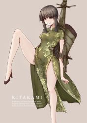 Rule 34 | 10s, 1girl, absurdres, arm strap, bad id, bad pixiv id, bare legs, beige background, black hair, blunt bangs, breasts, brown eyes, china dress, chinese clothes, commentary request, dress, english text, eyebrows, floral print, fuu  taro, high heels, highres, kantai collection, kitakami (kancolle), knee up, leg up, medium breasts, quipao, rigging, short sleeves, side slit, sidelocks, sketch, smile, solo, thighs, tight clothes, tight dress