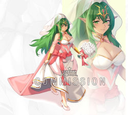 Rule 34 | aged up, alternate costume, bare shoulders, bouquet, bracer, breasts, bridal veil, cape, cleavage, collarbone, commission, dress, fire emblem, fire emblem awakening, flower, green eyes, green hair, hair ornament, high ponytail, holding, holding bouquet, large breasts, long hair, looking at viewer, messy hair, nintendo, pink cape, pink dress, pink ribbon, pointy ears, ponytail, ribbon, sidelocks, solo, streyah, tiki (adult) (fire emblem), tiki (fire emblem), twitter username, veil, watermark, wedding dress, white dress, white flower, white footwear, zoom layer