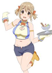 Rule 34 | 10s, 1girl, armband, bare shoulders, boots, brown eyes, brown hair, chelle ingham, cherry, cleavage cutout, clothing cutout, flower, food, fruit, gloves, hair flower, hair ornament, ice cream, idolmaster, idolmaster cinderella girls, leg lift, mimura kanako, navel, open mouth, rubber boots, short hair, shorts, solo, standing, standing on one leg, sundae, wafer stick