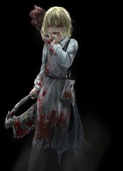 Rule 34 | 1girl, absurdres, apron, black background, blonde hair, blood, blood on clothes, blood on face, blood on hands, dress, glowing, glowing eyes, highres, red eyes, rumia, short hair, solo, touhou, white apron, white dress, zhuxie1264852
