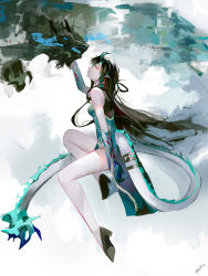 Rule 34 | 1girl, absurdres, aqua dress, arknights, arm up, bare shoulders, black footwear, black hair, commentary, dress, dusk (arknights), dusk (everything is a miracle) (arknights), from side, high heels, highres, long hair, looking up, mackia, official alternate costume, profile, sleeveless, sleeveless dress, solo, tail, thighs
