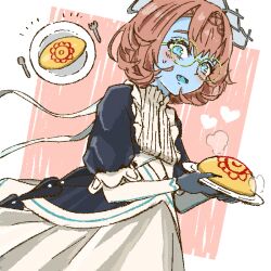 Rule 34 | 1girl, blue skin, blue tongue, blush, brown hair, claws, colored skin, colored tongue, fang, fate/grand order, fate (series), floral print, food, fork, glasses, heart, holding, holding plate, looking at viewer, maid, omelet, omurice, open mouth, plate, puffy sleeves, shimogamo (shimomo 12), solo, spoon, steam, sunflower print, van gogh (fate), van gogh (second ascension) (fate)