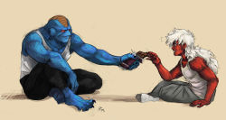 Rule 34 | 2boys, alien, barefoot, blue skin, burter, candy, chocolate, chocolate bar, colored skin, dragon ball, dragonball z, food, friends, ginyu force, happy, jeice, male focus, multiple boys, muscular, on ground, red skin, rhandi mask, sharing, simple background, sitting, smile, socks, white hair