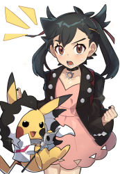 Rule 34 | 1boy, ash ketchum, black hair, black jacket, black nails, blush, brown eyes, clenched hands, clothed pokemon, commentary request, cosplay, creatures (company), crossdressing, dress, eyelashes, game freak, hair ribbon, highres, jacket, long hair, male focus, marnie (pokemon), marnie (pokemon) (cosplay), microphone stand, nail polish, nintendo, open clothes, open jacket, open mouth, ou negi, piers (pokemon), piers (pokemon) (cosplay), pink dress, pokemon, pokemon (anime), pokemon journeys, red ribbon, ribbon, sweat, teeth, tongue, twintails