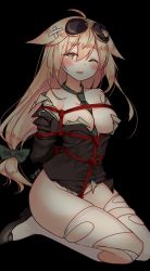 Rule 34 | 1girl, ahoge, arms behind back, artist name, bad id, bad pixiv id, bandaid, bare shoulders, bdsm, between breasts, black background, black footwear, black shirt, blonde hair, blush, bottomless, bound, bow, breasts, broken eyewear, cleavage, eyewear on head, girls&#039; frontline, goyain, green bow, green eyes, green necktie, hair between eyes, hair bow, hair flaps, highres, long hair, looking at viewer, low-tied long hair, m1918 (girls&#039; frontline), medium breasts, necktie, no bra, off shoulder, one eye closed, parted lips, rope, seiza, shibari, shibari over clothes, shirt, shoes, simple background, sitting, solo, sunglasses, tears, thighhighs, torn clothes, torn thighhighs, white thighhighs