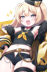 Rule 34 | 1girl, :d, absurdres, anchor hat ornament, armpits, azur lane, bache (azur lane), banknote, bare shoulders, belt, black hat, black sailor collar, black shirt, blonde hair, blunt bangs, blush, breasts, brown belt, collar, collarbone, commentary request, cowboy shot, crop top, cutoffs, denim, denim shorts, dollar bill, fang, fishnet thighhighs, fishnets, fur-trimmed jacket, fur trim, hands up, hat, hat ornament, highres, jacket, long hair, looking at viewer, marui kado, midriff, money, navel, neckerchief, off shoulder, open clothes, open mouth, open shorts, outstretched arm, partial commentary, pink collar, purple eyes, sailor collar, sailor hat, school uniform, serafuku, shirt, short shorts, shorts, sidelocks, simple background, single thighhigh, skindentation, sleeveless, small breasts, smile, solo, sparkle, standing, thick eyebrows, thighhighs, twitter username, two side up, very long hair, white background, yellow jacket, yellow neckerchief