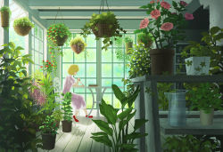 Rule 34 | 1girl, blonde hair, book stack, chair, commentary, day, desk, doora (dora0913), dress, flower, from side, hanging plant, highres, indoors, looking down, original, pink rose, plant, potted plant, profile, puffy short sleeves, puffy sleeves, quill, red footwear, rose, scenery, shoes, short hair, short sleeves, sitting, solo, window, writing