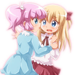 Rule 34 | 2girls, after kiss, blonde hair, blue eyes, eye contact, female focus, hair ornament, holding another&#039;s wrist, long sleeves, looking at another, multiple girls, open mouth, outline, pink hair, role reversal, saliva, saliva trail, shishinon, tears, tongue, toshinou kyouko, white background, yoshikawa chinatsu, aged down, yuri, yuru yuri