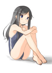 Rule 34 | 10s, 1girl, asashio (kancolle), bare arms, bare legs, bare shoulders, barefoot, black hair, blue eyes, blush, breasts, closed mouth, collarbone, competition school swimsuit, female focus, full body, highres, kantai collection, knees up, legs, long hair, md5 mismatch, one-piece swimsuit, retsumaru, school swimsuit, shadow, simple background, sitting, sleeveless, small breasts, solo, swimsuit, thighs, toes, white background