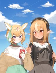 Rule 34 | 2girls, animal ear fluff, animal ears, beret, black bow, black bowtie, black headwear, black jacket, blonde hair, blue sky, blush, bow, bowtie, brown dress, brown jacket, cloud, cropped jacket, dress, elf, fox ears, hat, highres, hololive, jacket, long hair, long sleeves, looking at phone, mikukana133, multicolored hair, multiple girls, off shoulder, omaru polka, omaru polka (street casual), open clothes, open jacket, parted lips, phone, pointy ears, purple eyes, red eyes, sailor collar, shiranui flare, shiranui flare (street), shirt, short hair, sky, streaked hair, striped clothes, striped dress, upper body, vertical-striped clothes, vertical-striped dress, virtual youtuber, white hair, white sailor collar, white shirt