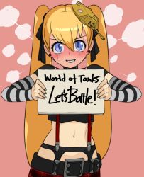 Rule 34 | 1girl, black ribbon, black shirt, blush, commentary request, covenanter (kehotank), covenanter (tank) (personification), crop top, detached sleeves, earrings, english text, fume, hair ribbon, headgear, holding, holding sign, jewelry, looking at viewer, navel, original, personification, pink background, placard, plaid, plaid skirt, red skirt, ribbon, shirt, short sleeves, sign, simple background, skirt, smirk, solo, soumu (kehotank), standing, striped sleeves, stud earrings, suspender skirt, suspenders, sweatdrop, twintails, upper body, world of tanks