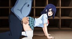 Rule 34 | all fours, animated, animated gif, ass grab, blue hair, bow, censored, doggystyle, nozoki kanojo, penis, red bow, school uniform, security guard, sex, sex from behind, thighhighs, white legwear