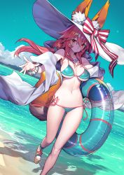 Rule 34 | 1girl, animal ear fluff, animal ears, beach, bikini, blue bikini, blue sky, blush, bow, bracelet, breasts, cleavage, cloud, cloudy sky, collarbone, commentary request, day, dutch angle, ears through headwear, fate/grand order, fate (series), fox ears, fox tail, hair between eyes, hat, hat bow, holding, innertube, jacket, jewelry, large breasts, long hair, long legs, mandrill, navel, ocean, open clothes, open jacket, outdoors, pink hair, sand, sandals, side-tie bikini bottom, sky, smile, solo, straw hat, striped, striped bow, sun hat, swim ring, swimsuit, tail, tamamo (fate), tamamo no mae (fate/extra), tamamo no mae (swimsuit lancer) (fate), tamamo no mae (swimsuit lancer) (third ascension) (fate), water, yellow eyes