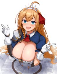 Rule 34 | 1girl, :d, ahoge, armor, ascot, blue eyes, blush, breasts, buttons, cleavage, double-breasted, dress, gloves, highres, large breasts, long hair, looking at viewer, open mouth, orange hair, pauldrons, pecorine (princess connect!), princess connect!, putama, red ascot, shoulder armor, single pauldron, smile, solo, tiara, white dress, white gloves