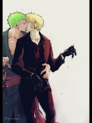 Rule 34 | 2boys, alternate costume, blonde hair, cigarette, couple, facial hair, feet out of frame, goatee, green hair, green kimono, hand on another&#039;s waist, highres, japanese clothes, kimono, kiss, licking, licking another&#039;s face, licking another&#039;s lips, male focus, multiple boys, one piece, pectorals, pra (prapon0904), roronoa zoro, sanji (one piece), sheath, sheathed, short hair, sideburns, snowing, standing, surprise kiss, surprised, sweat, toned, toned male, tongue, tongue out, wide-eyed, yaoi