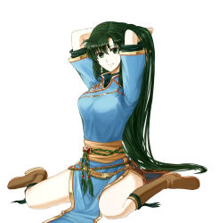 Rule 34 | 1girl, arms up, boots, breasts, delsaber, dress, fire emblem, fire emblem: the blazing blade, green eyes, green hair, hair between eyes, hair down, hand in own hair, long hair, looking at viewer, lyn (fire emblem), nintendo, pelvic curtain, short sleeves, side slit, simple background, sitting, smile, solo, turtleneck, very long hair, wariza, white background