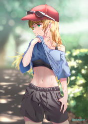 Rule 34 | 1girl, baseball cap, black tank top, blonde hair, blue shirt, blurry, blurry background, clothes lift, crop top, eyewear on headwear, green eyes, hat, heanna sumire, kitatyoco, lifted by self, looking to the side, love live!, love live! superstar!!, navel, outdoors, parted lips, shirt, shirt lift, shorts, solo, stomach, straight hair, sunglasses, sweat, tank top