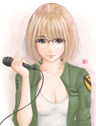 Rule 34 | 1girl, absurdres, bad id, bad pixiv id, blonde hair, blue eyes, breasts, cleavage, collarbone, covered erect nipples, eyelashes, glasses, gradient background, highres, jacket, light smile, lips, looking at viewer, military, military jacket, original, over-rim eyewear, patch, pink background, see-through, semi-rimless eyewear, shirt, short hair, sketch, sleeves rolled up, small breasts, solo, sweetsoupman, upper body, white shirt