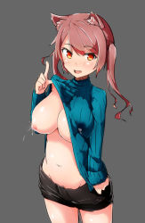 Rule 34 | 1girl, animal ears, bad id, bad pixiv id, blush, breasts, brown eyes, brown hair, cat ears, cleavage, clothes lift, lactation, lactation through clothes, large breasts, lifted by self, looking at viewer, navel, nipples, no bra, parted lips, red eyes, ribbed sweater, shirt lift, shorts, smile, solo, standing, sweater, sweater lift, turtleneck, twintails, umibocchi