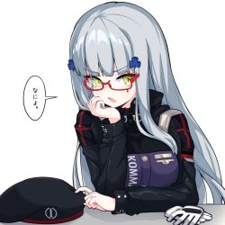 Rule 34 | 1girl, beret, blonde hair, girls&#039; frontline, glasses, gloves, green eyes, hand on headset, hand on own head, hat, highres, hk416 (girls&#039; frontline), jewelry, long hair, looking at viewer, military, military uniform, open mouth, ring, solo, speech bubble, translation request, uniform, wedding ring, white background, white gloves, yuki shiro