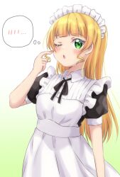 Rule 34 | 1girl, ;o, alternate costume, blonde hair, blunt bangs, blush, commentary, dress, drill hair, drill sidelocks, enmaided, gradient background, green background, green eyes, hakumai konatsu, heanna sumire, highres, long hair, looking at viewer, love live!, love live! superstar!!, maid, maid headdress, one eye closed, open mouth, puffy short sleeves, puffy sleeves, short sleeves, sidelocks, solo, thought bubble, upper body, white dress