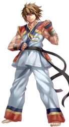 1boy barefoot brown_hair clenched_hands closed_mouth dougi frown full_body grey_eyes hair_between_eyes large_variant_set looking_at_viewer male_focus multicolored_pants multicolored_shirt muscular muscular_male official_art pants ragnarok:_guild_masters ragnarok_online red_pants red_shirt scar scar_on_arm senri_gan shirt short_hair simple_background sleeveless sleeveless_shirt solo standing star_gladiator_(ragnarok_online) transparent_background v-shaped_eyebrows variant_set white_pants white_shirt wrist_guards