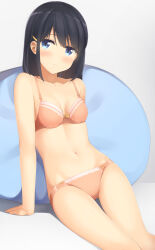 Rule 34 | 1girl, apollo (hu maple), bean bag chair, black hair, blue eyes, bob cut, bow, bow bra, bra, breasts, closed mouth, commentary, crotch seam, gluteal fold, hair ornament, hairclip, highres, leaning back, looking at viewer, medium hair, navel, orange bra, orange panties, original, panties, sitting, small breasts, smile, solo, thigh gap, underwear, underwear only
