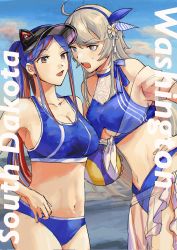 Rule 34 | 2girls, ball, bikini, black headwear, blue bikini, blue eyes, blue hair, blue hairband, breasts, brown eyes, character name, cleavage, clothing cutout, cloud, commentary request, grey hair, hairband, hat, highres, holding, holding ball, kantai collection, large breasts, long hair, multicolored hair, multiple girls, nidou, official alternate costume, open mouth, outdoors, ponytail, red hair, sarong, see-through, see-through sarong, sidelocks, sky, south dakota (kancolle), sweat, swimsuit, underboob, underboob cutout, very long hair, visor cap, washington (kancolle), white hair