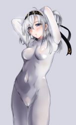 Rule 34 | 1girl, ahoge, armpits, arms behind back, blue eyes, bodysuit, breasts, breasts apart, clothes writing, colored eyelashes, cowboy shot, grey background, hair between eyes, headband, kantai collection, legs together, long hair, medium breasts, navel, one side up, parted bangs, silver hair, simple background, skin tight, solo, standing, suzutsuki (kancolle), tsukineko