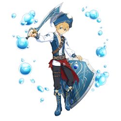 Rule 34 | 1boy, belt, black pants, blonde hair, blue eyes, blue footwear, blue jacket, brown belt, closed mouth, collarbone, collared shirt, dress shirt, eugeo, full body, hat, highres, holding, holding sword, holding weapon, jacket, long sleeves, looking at viewer, male focus, official art, open clothes, open jacket, pants, pirate, pirate hat, saber (weapon), shield, shirt, short hair, smile, solo, sword, sword art online, sword art online: memory defrag, transparent background, weapon, white shirt, wing collar