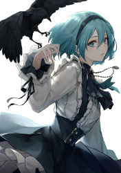 Rule 34 | 1girl, aqua eyes, aqua hair, ascot, bird, blouse, blue ascot, blue skirt, bob cut, closed mouth, commentary, corset, crow, flying, frilled shirt, frilled skirt, frills, hair between eyes, hairband, highres, jewelry, landing, looking at viewer, looking to the side, necklace, original, outstretched arm, shirt, short hair, simple background, skirt, solo, suspender skirt, suspenders, upper body, white background, white shirt, yohaku