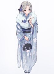 Rule 34 | 1girl, 2014, 2024, ;), aegyo sal, artist progress, bag, before and after, blue kimono, blush, commentary, comparison, fingernails, floral print, forehead, full body, fur-trimmed kimono, fur trim, furisode, grey hair, hair bun, hamafugu, handbag, highres, holding, holding bag, japanese clothes, kimono, long fingernails, looking at viewer, medium hair, multiple views, nail polish, obi, one eye closed, original, sash, simple background, single side bun, smile, solo, tabi, v, w, white background, wide sleeves