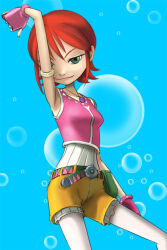 Rule 34 | 1girl, ami (aqua kids), aqua kids, belt, breasts, closed mouth, fingerless gloves, gloves, green eyes, haruyama kazunori, jewelry, looking at viewer, necklace, pink gloves, red hair, short hair, shorts, shorts under shorts, small breasts, smile, solo, translated, yellow shorts