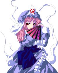 Rule 34 | 1girl, alphes (style), bad id, bad pixiv id, covering face, covering own mouth, covering privates, female focus, folding fan, frills, ghost, hand fan, hat, japanese clothes, long hair, oyu no kaori, parody, pink hair, red eyes, saigyouji yuyuko, solo, style parody, touhou, transparent background